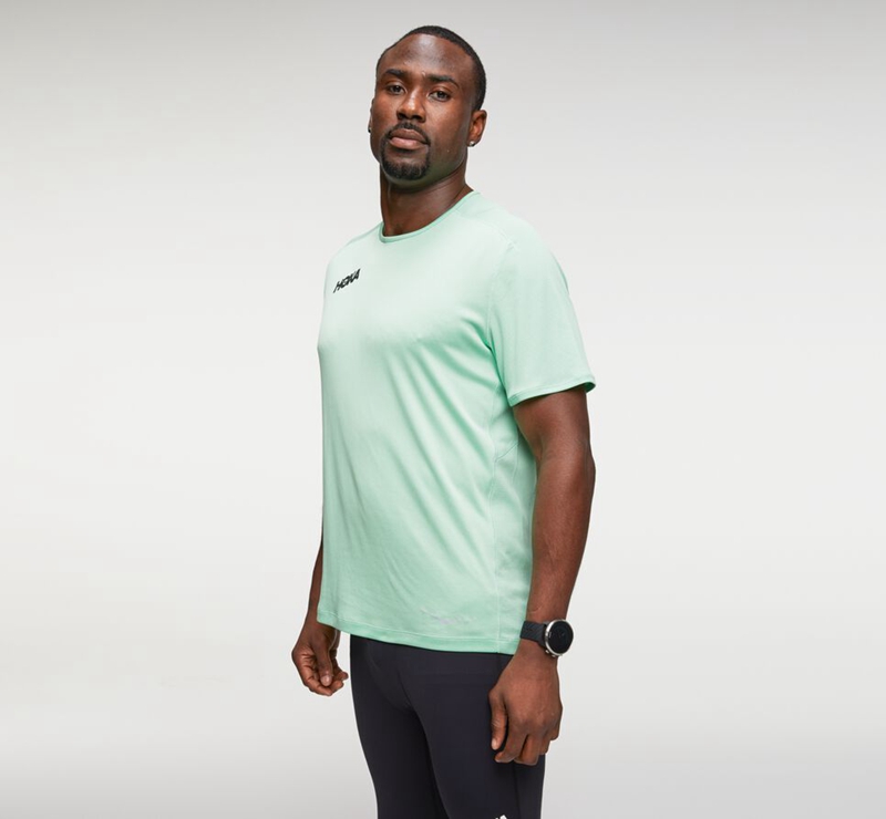 Green Hoka Performance Short Sleeve Men's Running Tops | 90264-IEPK