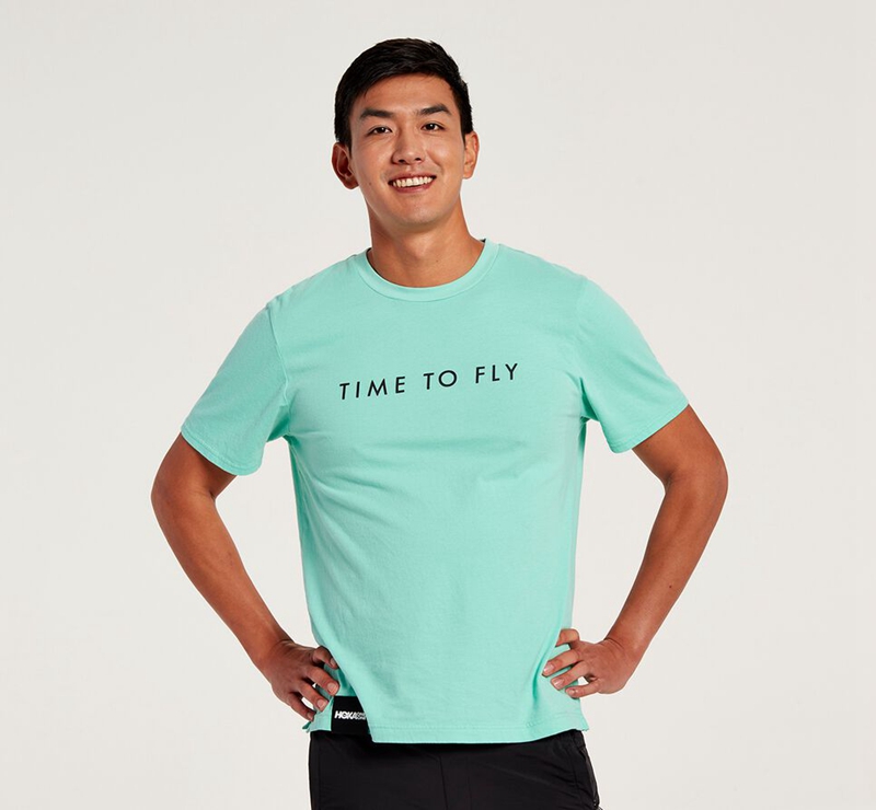 Turquoise Hoka Brand Tee Men\'s Running Tops | 02694-XLTS